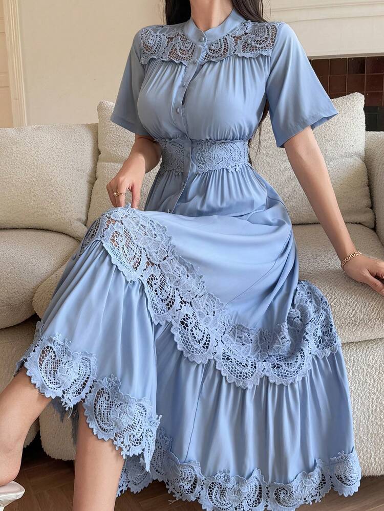 Women's Elegant Lace Patchwork Mandarin Collar Midi Dress, Summer Wedding Guest Dress Sundress