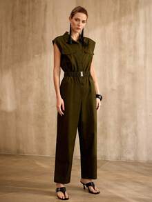 MOTF PREMIUM Bộ jumpsuit không tay, thắt lưng, chất liệu 100% cotton, kiểu dáng cổ điển. - xanh quân đội - Xem 5