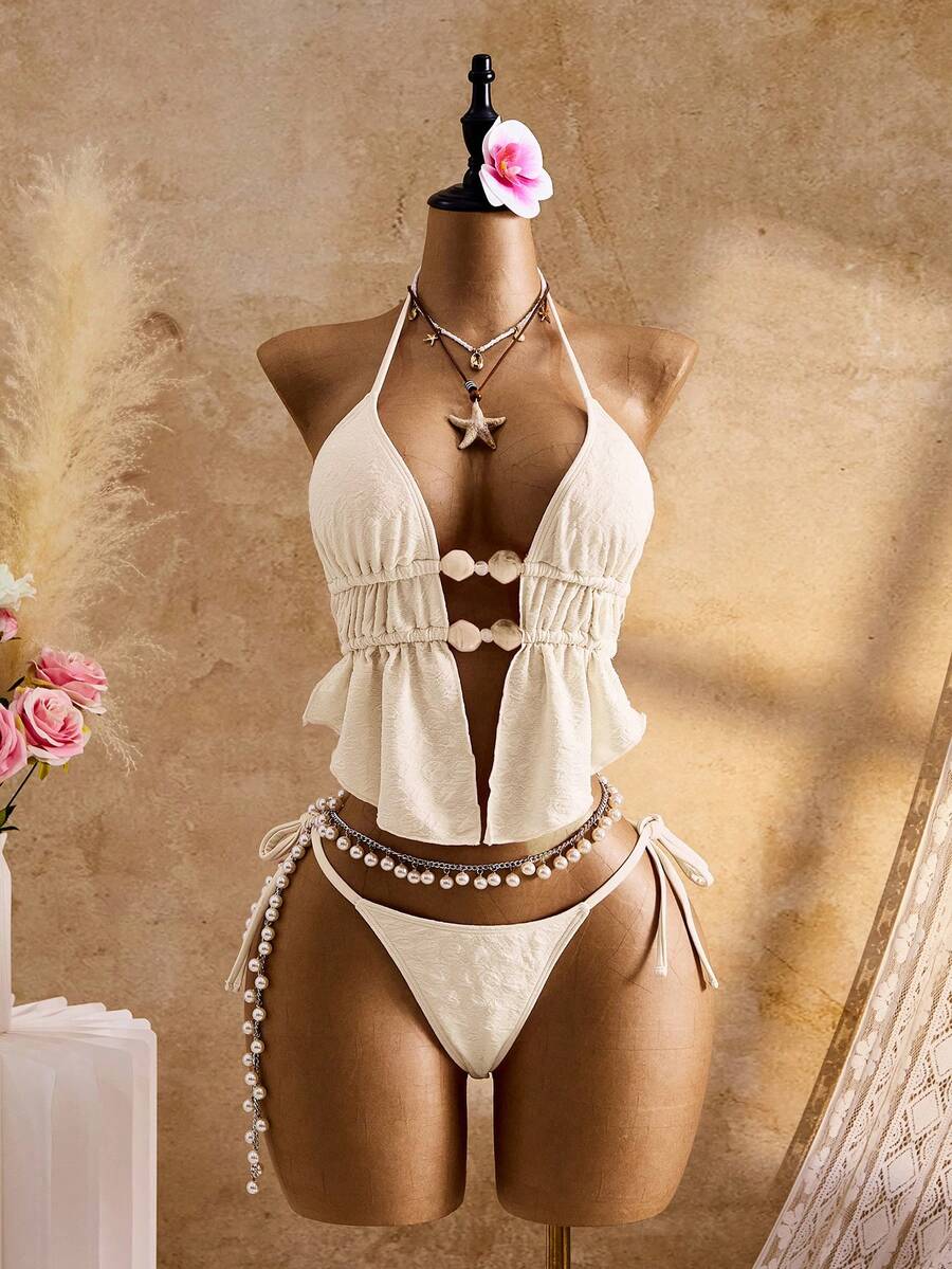 Bellisia Women's Summer Vacation Beach Textured Halter Tankini Set - Beige - View 1