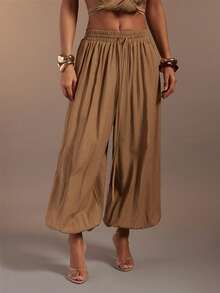 Hauture Women's Sexy Linen Elastic Waistband Wide Leg Pleated Lantern Pants - Brown - View 1