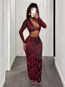 BamGleam 女士时尚街头风印花露脐上衣和半身裙两件套，秋季 - 酒紅色 - 查看 3