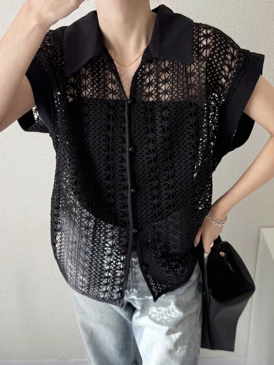 FRIFUL Áo khoác cardigan dáng rộng thêu ren dành cho nữ - màu đen - Xem 1