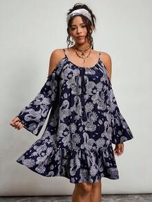 SHEIN LUNE 大码女式度假腰果花卉镂空喇叭袖系带宽松时尚连衣裙 - 彩色 - 查看 4