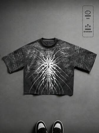 T-shirt à manches courtes pour hommes avec imprimé gothique sombre lavé