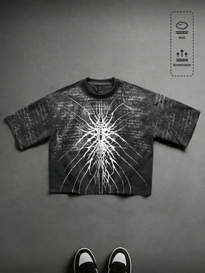 ROMWE MEN Men's Dark Gothic Print Washed Short Sleeve T-Shirt