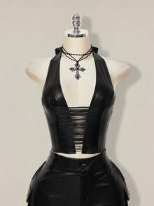 SHEIN ICON Y2k Women's Goth Black Concert Club Going Out Coachella PU Leather Halter Tie Backless Tassel Hollow Out Design Fashionable Versatile Top For Dates & Parties, Spring To Summer - Black - View 11