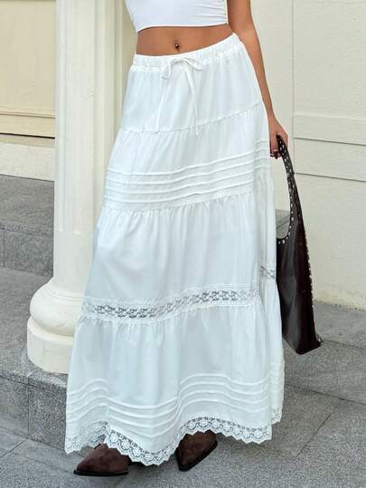 Muchica Falda larga de línea A con parches de encaje blanco para mujer, primavera/verano
