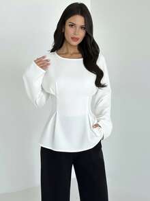 Firerie Camisa feminina elegante para o dia a dia e ocasiões casuais, com textura vintage de bambu, gola redonda, mangas compridas, cintura franzida e pregas. Ideal para o outono, para professoras, passeios e viagens. - Branco - Ver 8