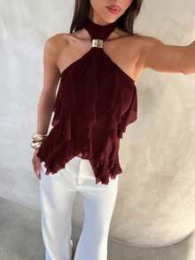 Aloruh Women's Elegant Multi-Layer Ruffle Trim Stand Collar Fitted Tank Top - Burgundy - View 6