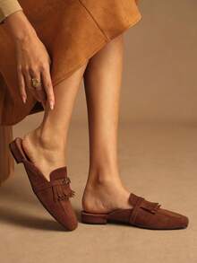 Rosivie Women Casual Versatile Commuting Minimalist Fringe Decor Slip-On Flats - Brown - View 4