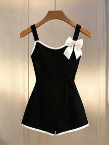 SHEIN Franclia 女士简约撞色滚边蝴蝶结装饰连体裤，夏季 - 黑色 - 查看 5