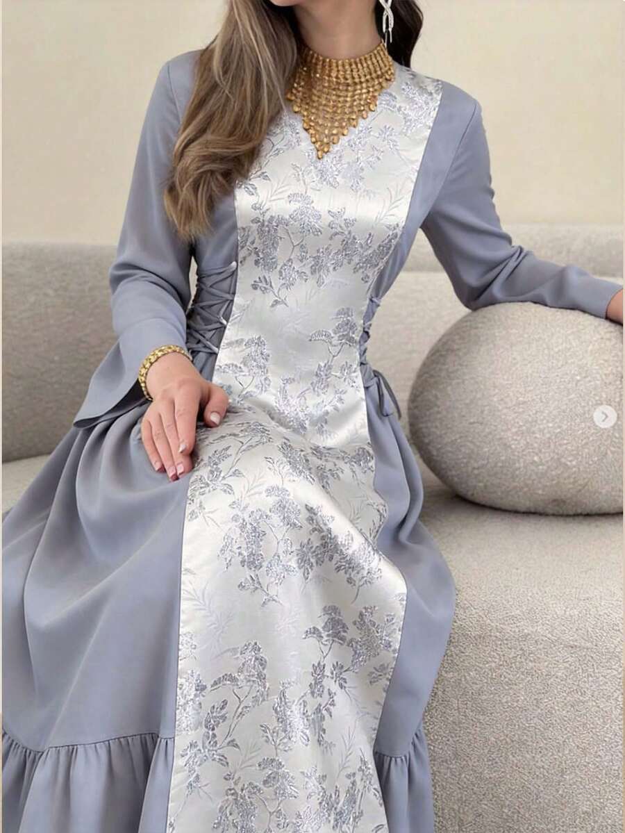 Al Najma Váy buộc chéo cổ khoét sâu thanh lịch bằng vải jacquard dành cho nữ, mùa thu - Màu xanh lam - Xem 1