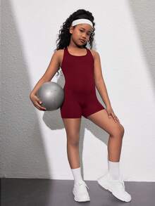 SHEIN Tween Girls' Casual Sports Yoga U-Neck Hollow Back Jumpsuit Activewear, Spring/Summer - Burgundy - View 3