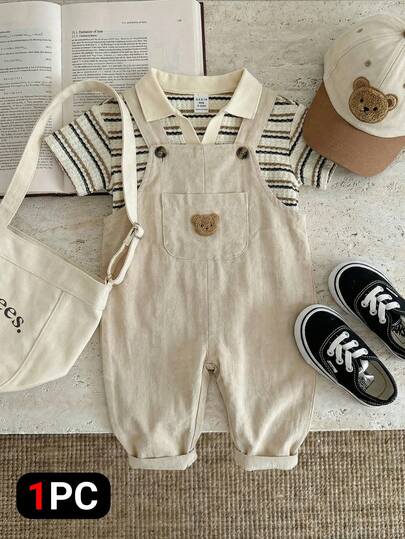 Playful Pals 1pc Infant Baby Boys Khaki Corduroy Overalls, Featuring Matching Teddy Bear Embroidered Patch And Dual-Tone Buttons, Capturing Spring And Summer Holiday Vibes. Adorable Casual Retro Style Suitable For Outings, Outdoor Play, Vacations, And Everyday Wear. New Born Neutral Outfit Baby Boy Overall Set Neutral Baby Clothes Unisex Baby Boy Vintage Outfit Baby Boy Beige Outfit Vintage Neutral Baby Clothes Baby Overalls, Newborn Overalls, Versatile Overalls