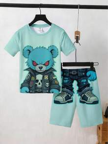 SHEIN 2pcs Kids/Tween Boys Casual Everyday Versatile Comfortable Printed Pattern Crew Neck Loose Pullover Short Sleeve Top And Shorts Knit Tight Fit Pajama Set - Multicolor - View 2