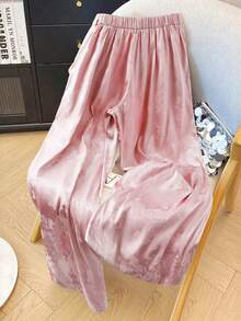 Franclia 大码女式优雅复古浪漫提花编织休闲派对机场高腰阔腿缎面裤 - 粉色 - 查看 2