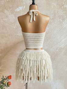 Soleia Women's V-Neck Halter Tie Backless Crop Top And Fringe Hem Mini Skirt 2 Piece Set, Suitable For Party, Christmas, Date Night, Nightclub, Bohemian, Boho, Vacation, Fall - Beige - View 2