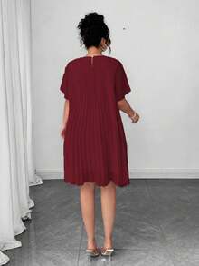 Vestido midi con cuello redondo, manga corta, de corte regular en gasa con pliegues para mujer talla grande, color rosa claro, para primavera/verano - Burdeos - Ver 2