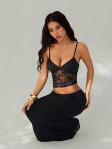 SHEIN PETITE 夏季海滩度假纯色黑色蕾丝性感透视吊带长裙，适合日常约会、夜间外出、夜店、派对、聚会、鸡尾酒会、泳池派对、返校季服装、开学季连衣裙、节日连衣裙、女士连衣裙、女士纯色性感无袖连衣裙、白色连衣裙、度假连衣裙、女士派对连衣裙、圣诞派对连衣裙 - 黑色 - 查看 6