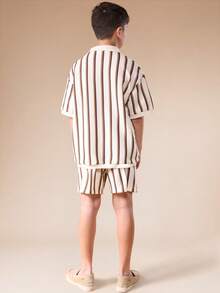 SUMWON Striped Crochet Polo And Short Co-Ord Set Collared Button Placket Summer Outfit Two Piece Casual Ensemble Vertical Stripe Pattern Textured Knit Vacation - Multicolor - View 2