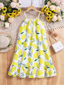 Sparklyn Đầm yếm mùa hè in hình chanh cho bé gái, đầm chữ A viền lá sen tươi mát, chất liệu nhẹ và thoáng khí in họa tiết chanh, thân thiện với da và thấm hút mồ hôi, thích hợp cho mặc hàng ngày vào mùa hè, đi nghỉ mát và các dịp khác. - Nhiều màu - Xem 3