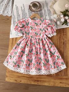 SHEIN LMoss Kids 小女孩碎花彼得潘领修身连衣裙假日装扮 - 粉色 - 查看 8