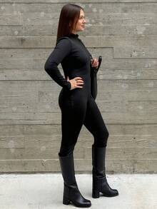 Kuleshova Women's Casual Tight Fit Thermal Lined Thick Warm Long Sleeve Jumpsuit, Clothes Suitable For Autumn/Winter - Black - View 4