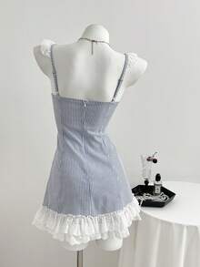 Elamini Women's Lace Patchwork Striped Print Fitted Camisole Dress - Blue - View 2