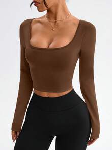 Dewbera 女士时尚优雅性感U领露背交叉设计修身短袖运动T恤，春秋季 - 咖啡棕 - 查看 3