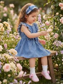 SHEIN Vintaside Kids Girls' Denim Dress With Lace Trim Ruffle Sleeves, Sweet Casual Pleated Waist For, Baby Girl - Blue - View 4