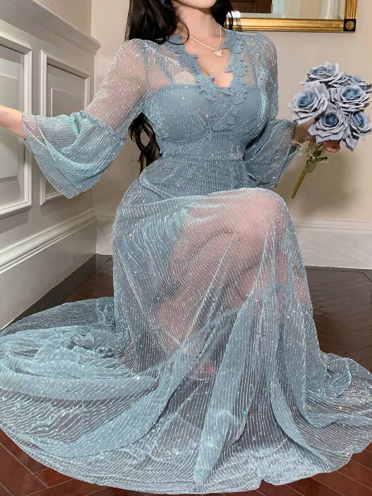 Spring/Summer Elegant Lace & Mesh Patchwork Midi Dress, Fitted Waist, Casual/Formal Occasion, Vacation, Commute Sundress
