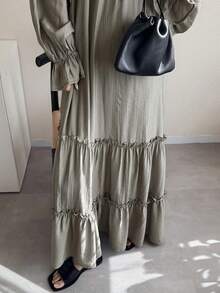 FRIFUL Women's Round Neck Drawstring Tie Hem Layered Ruffle Hem Loose A-Line Dress - Grey - View 6