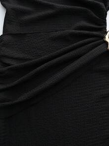 GlowEve 女士不对称性感紧身半身裙，系带腰身，无袖，适合通勤、度假、海滩、派对穿着；纯色金属扣肩部紧身连衣裙，褶皱荷叶边下摆派对礼服 - 黑色 - 查看 7