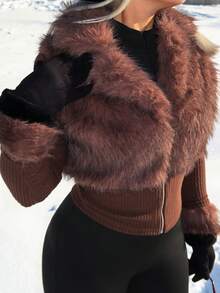 salliqueen Fashionable Street Style Faux Fur Zipper Long Sleeve Jacket For Women,Fall Clothes - Brown - View 3