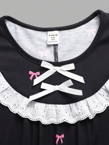SHEIN Tween Girl Loose Casual Round Neck Short Sleeve Heart Pattern Bow & Lace Trim Loungewear - Multicolor - View 3