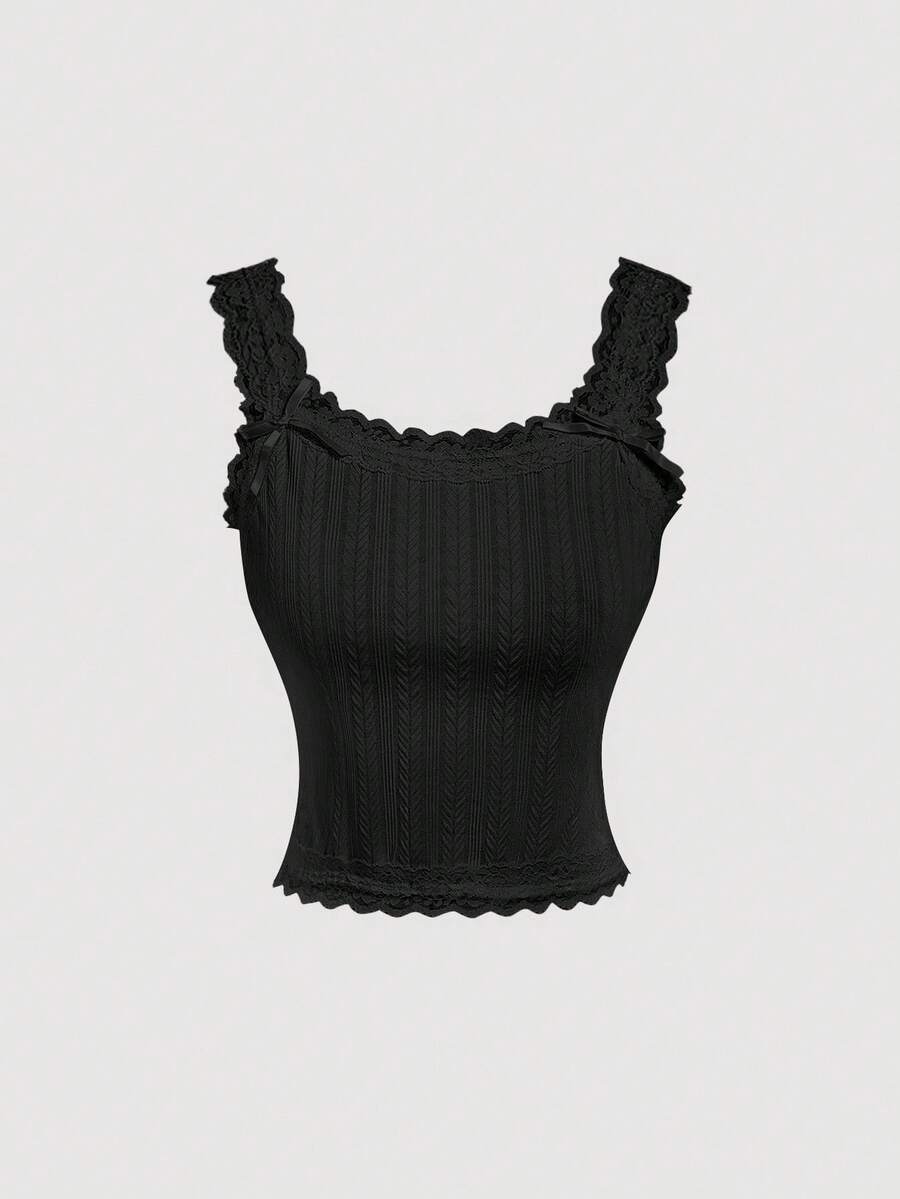 SHEIN MOD Black Lace Trim Jacquard Textured Bow Decor Camisole,Summer Tops,Summer Outfits For Women,Going Out Tops,Summer,Cute Tops,Y2k Tops,Rave,Country,Fairycore,Brunch Outfits For Women,Minimalist,Concert Outfits,Black Tops - Black - View 1