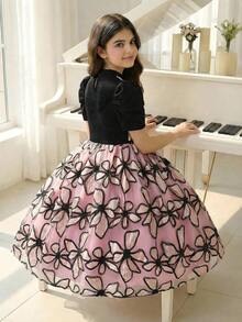 1pc Tween Girls' Black & Pink Jacquard Dress,Puff Sleeve,Faux Pearl Collar,A-Line,Black Floral,Autumn,Elegant,Wedding Guest Party Wear For Teens Girl - Black - View 9