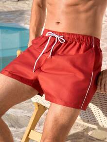Manfinity VDAYZ Men's Elastic Waist Casual Drawstring Pocket Loose Beach Pants Men's Beachwear Men's Red Swim Shorts 5 Inch Inseam Swim Trunks Swimming Shorts For Men Red Swim Trunks For Men - Burgundy - View 2