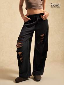 Easelle 女士休闲做旧街头风运动裤 - 黑色 - 查看 9