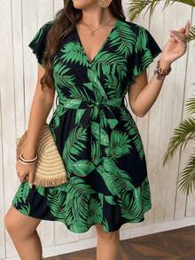 SHEIN Clasi Đầm cỡ lớn in họa tiết lá, cổ chữ V, kiểu quấn eo, thanh lịch. - Nhiều màu - Xem 3