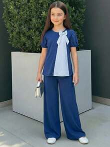 Firerie Kids 2pcs Tween Girls Puff Sleeve Bow Tie Top And Loose Straight Leg Pants Set, Blue Casual Fashion Versatile - Blue - View 1