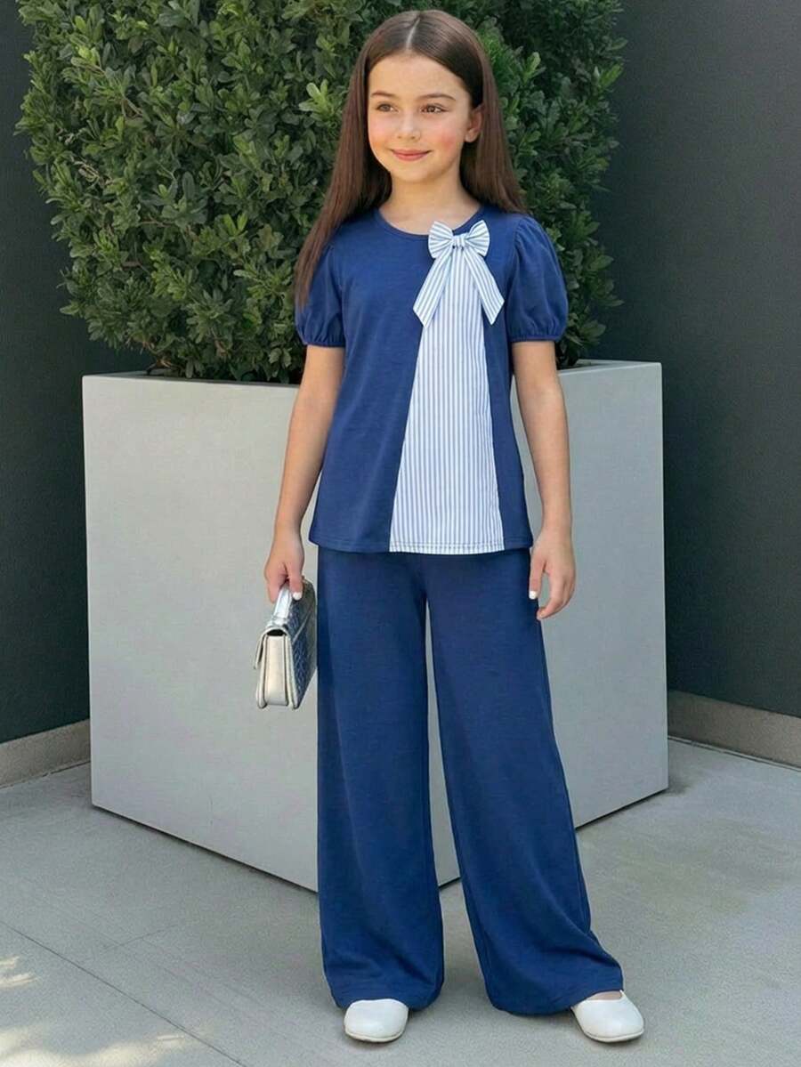 Firerie Kids 2pcs Tween Girls Puff Sleeve Bow Tie Top And Loose Straight Leg Pants Set, Blue Casual Fashion Versatile - Blue - View 1