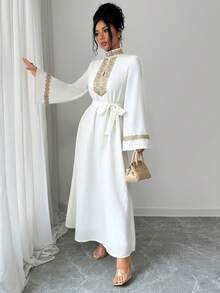 Elenzga 女士优雅闪亮休闲蕾丝腰身连衣裙 - 米色 - 查看 4