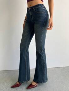 Aloruh Celana Jeans Kasual Musim Panas Wanita dengan Saku Miring, Musim Panas, Musim Semi, Liburan, Celana Jeans Flare Bbl Wanita, Celana Jeans Pinggang Rendah, Celana Jeans Flare Y2k - Biru - View 8