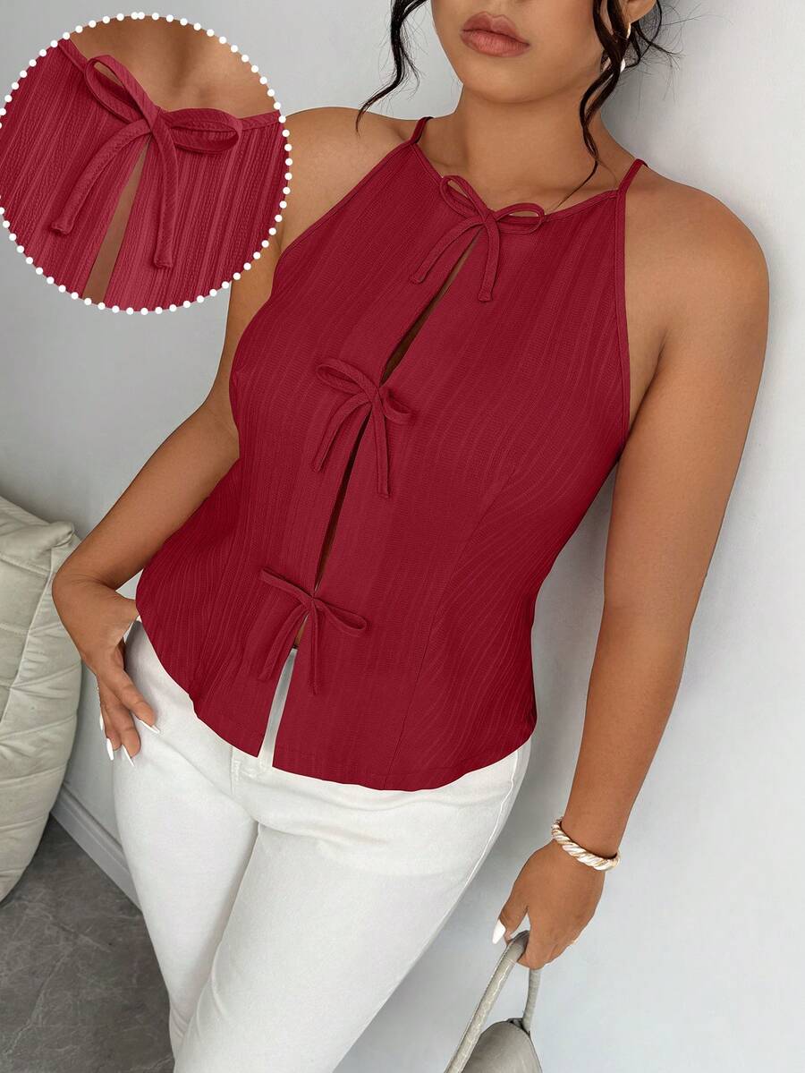 Elenzga Plus Size Summer Casual Textured Butterfly Decor Tank Top - Burgundy - View 1