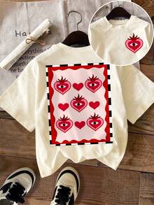 DrmWander Kỳ nghỉ, Mùa xuân, Trang phục nghỉ dưỡng dành cho nữ, Áo thun in hình trái tim dễ thương mùa xuân, Áo thun tay ngắn in hình. - Màu be - Xem 3