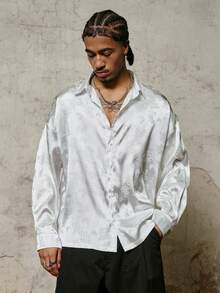 PAVTROS 男士缎面提花宽松长袖衬衫 - 白色 - 查看 4