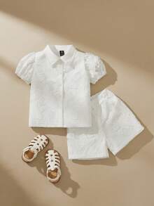 SHEIN Elladie kids Young Girl Solid Color Button Front Short Sleeve Shirt And Shorts Set, Young Girls Linen Retro Outfit, Summer Little Girl Outfit Sets For Recognition - White - View 7