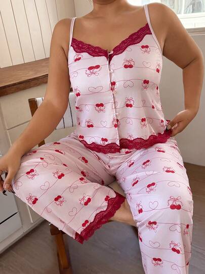 Dream Adore Plus Size Pink Contrast Color Lace Patchwork V-Neck Button Down Jumpsuit, Cherry Heart Print Women Pajama Set Cherry Pajama Set Sleep Wear Women 2 Piece Set Cami Pajama Set