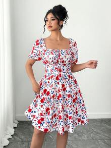 SHEIN PETITE CURVE Vestido con estampado floral para mujer de talla grande, romántico y de moda para citas, versátil para el uso diario, primavera/verano - Multicolor - Ver 3